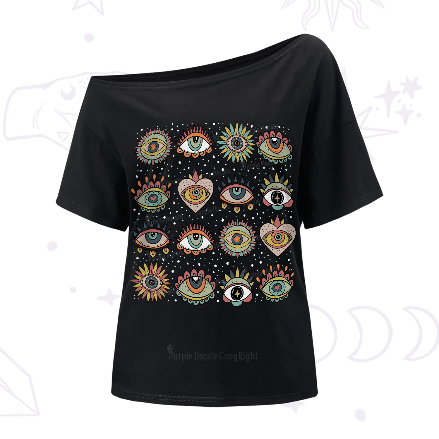 Purplehecate Mystical Evil Eye Pattern One-Shoulder T-Shirt