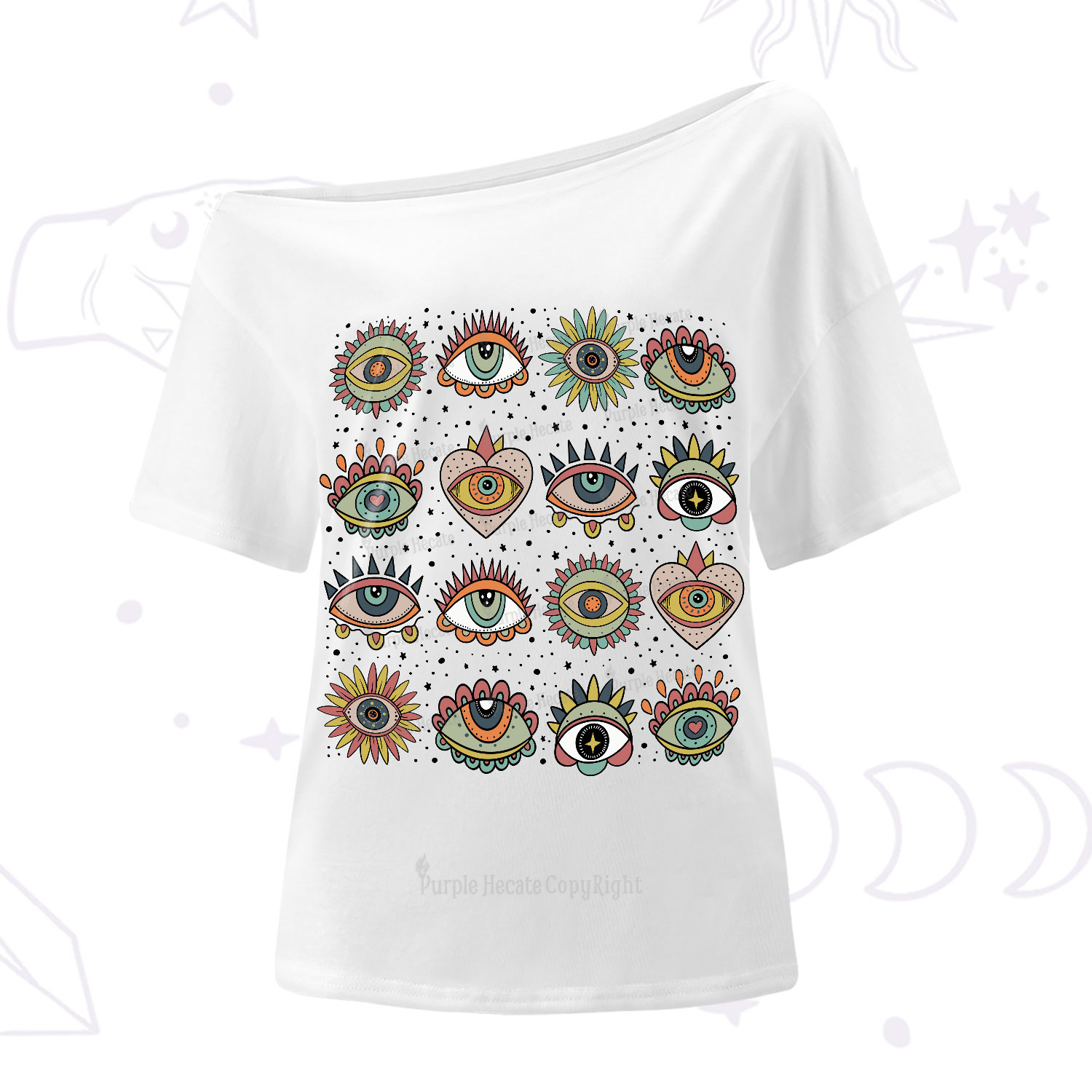 Purplehecate Mystical Evil Eye Pattern One-Shoulder T-Shirt