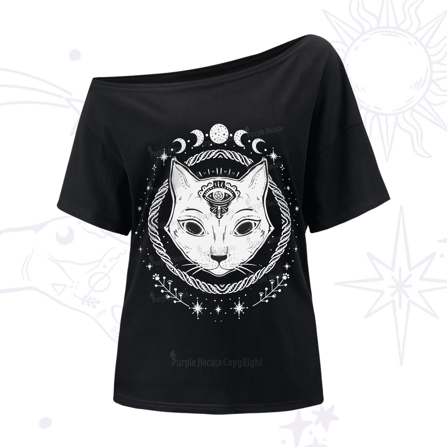 Purplehecate Third Eye Black Cat One-Shoulder T-Shirt