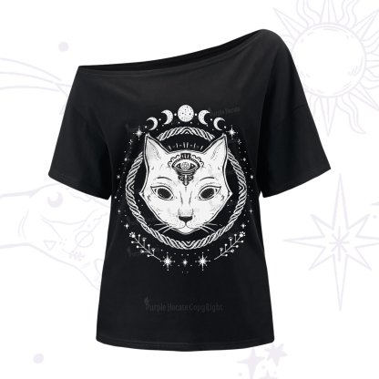 Purplehecate Third Eye Black Cat One-Shoulder T-Shirt