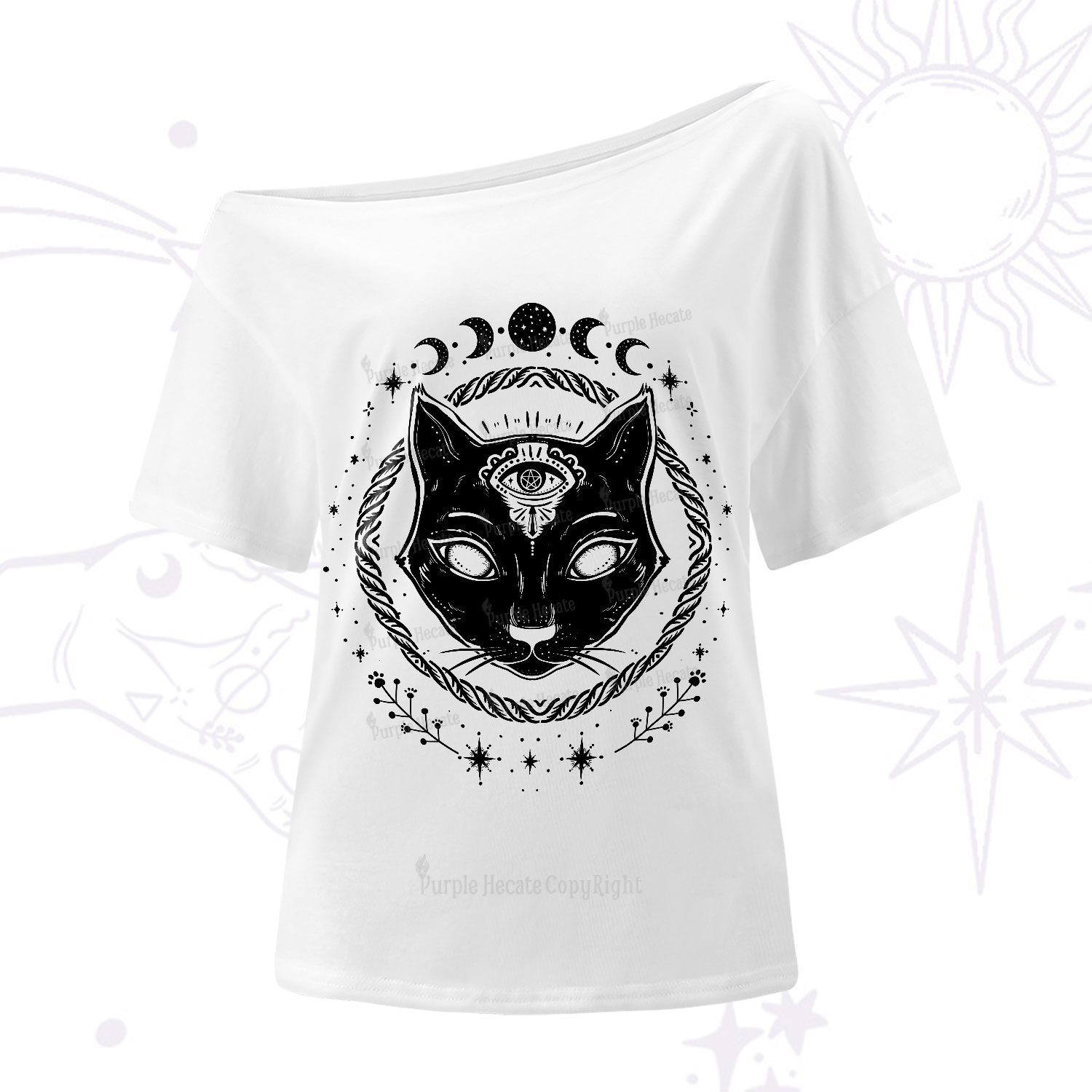 Purplehecate Third Eye Black Cat One-Shoulder T-Shirt