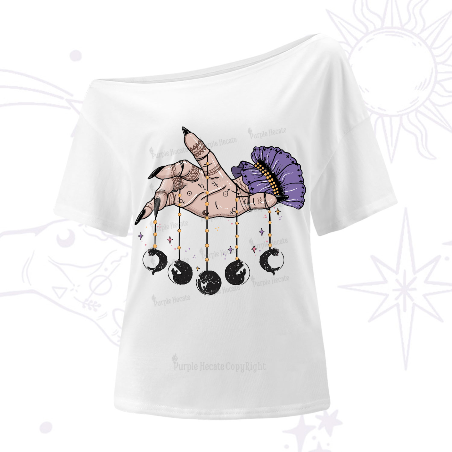 Purplehecate Feline Lunar Phases One-Shoulder T-Shirt