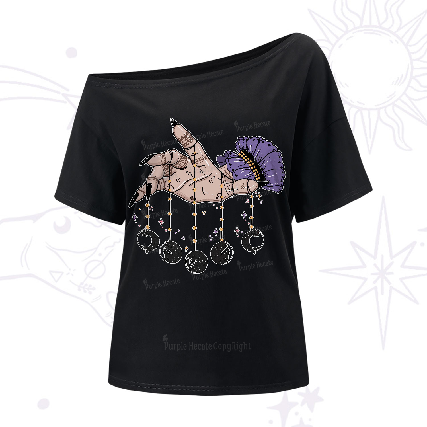Purplehecate Feline Lunar Phases One-Shoulder T-Shirt