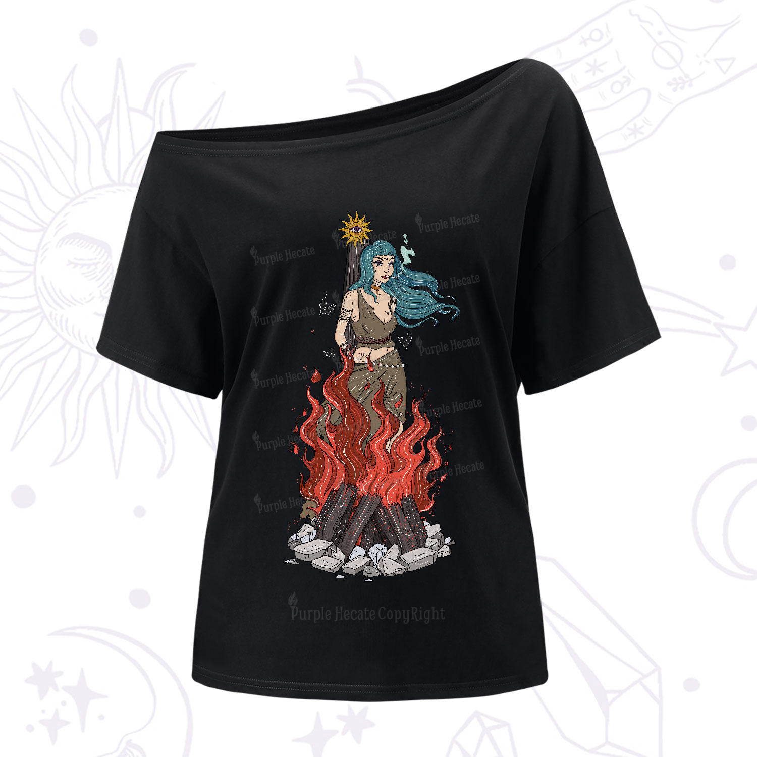 Purplehecate Witchy Woman Burned at the Stake One-Shoulder T-Shirt