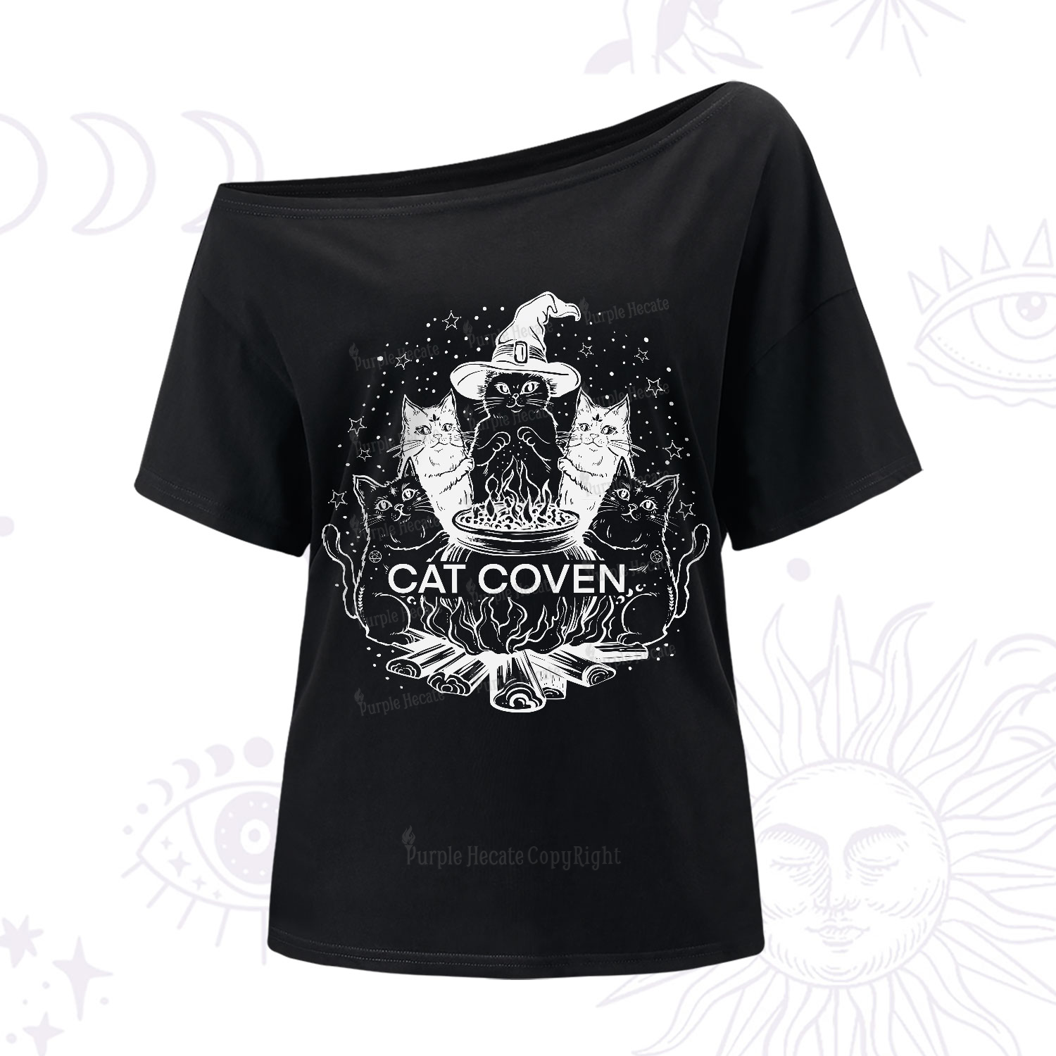 Purplehecate Witchy Cat Coven One-Shoulder T-Shirt