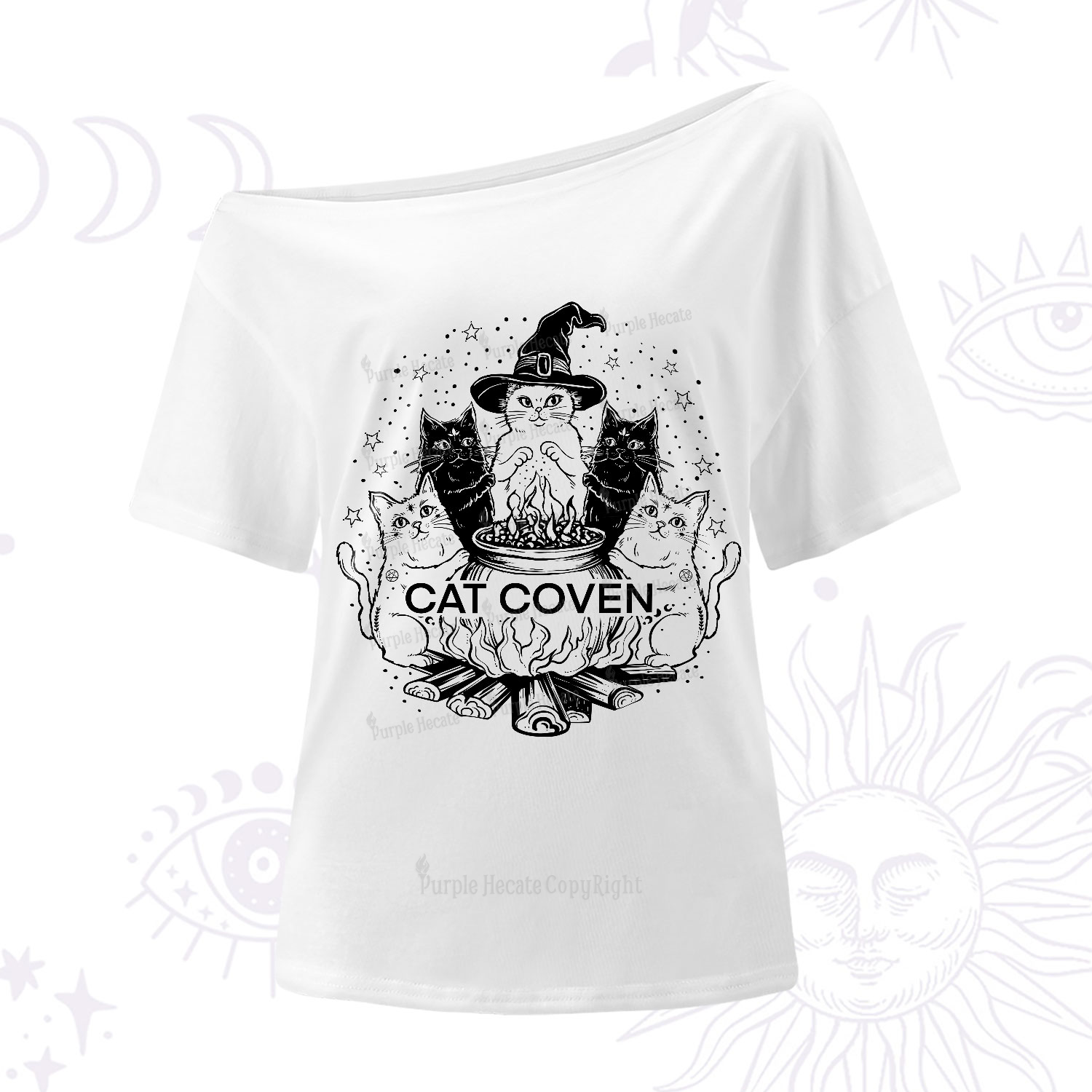 Purplehecate Witchy Cat Coven One-Shoulder T-Shirt
