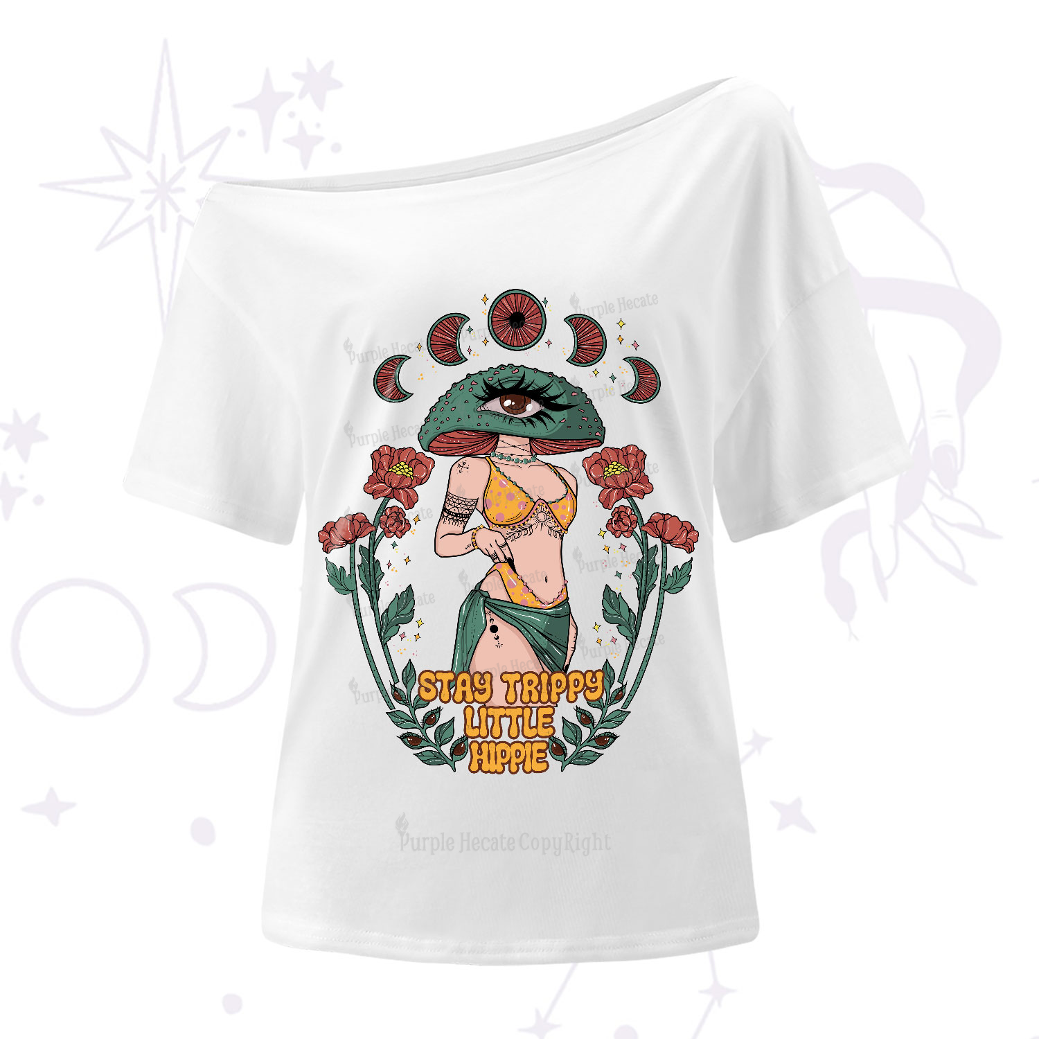 Purplehecate Stay Trippy Little Hippie One-Shoulder T-Shirt