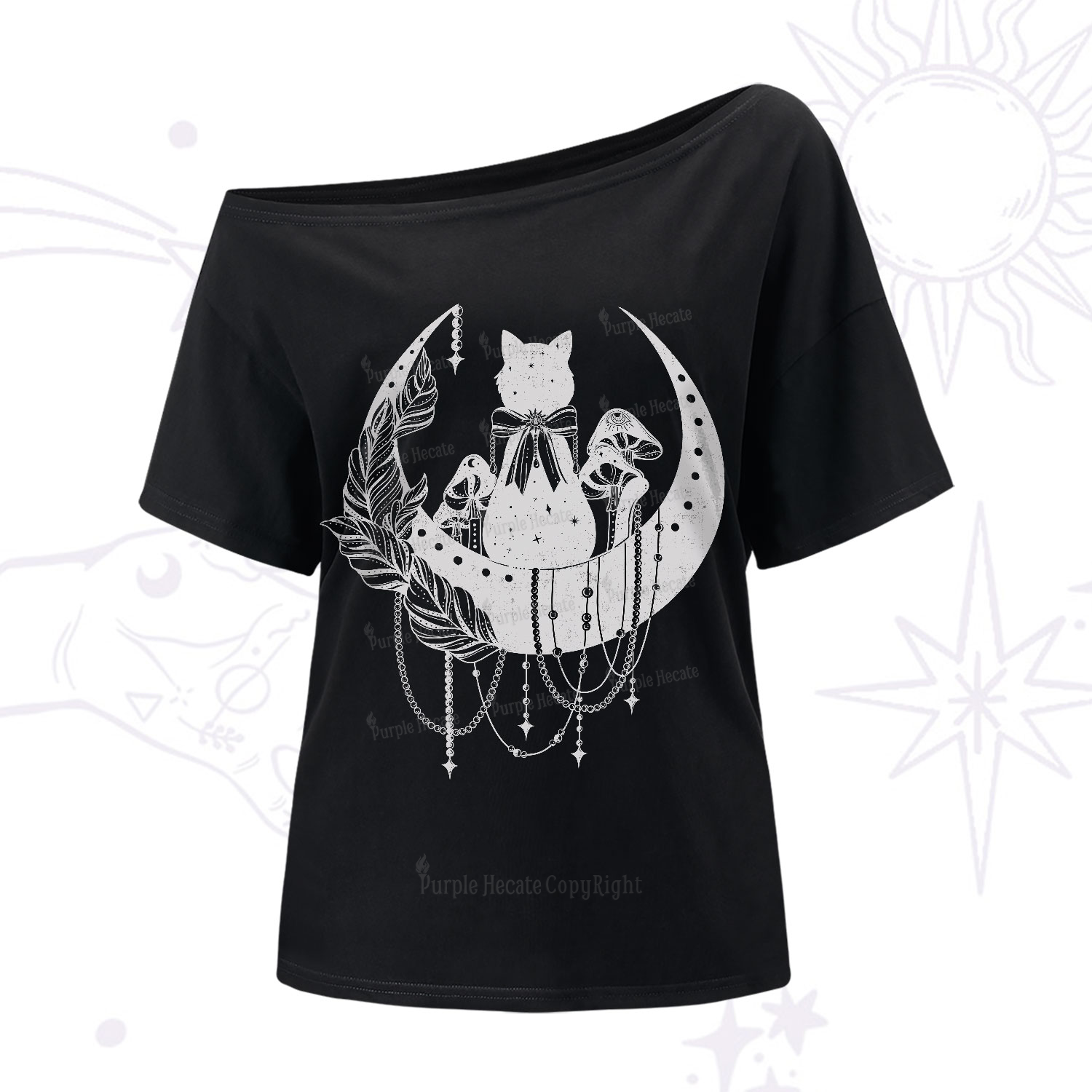 Purplehecate Moonlit Celestial Cat One-Shoulder T-Shirt