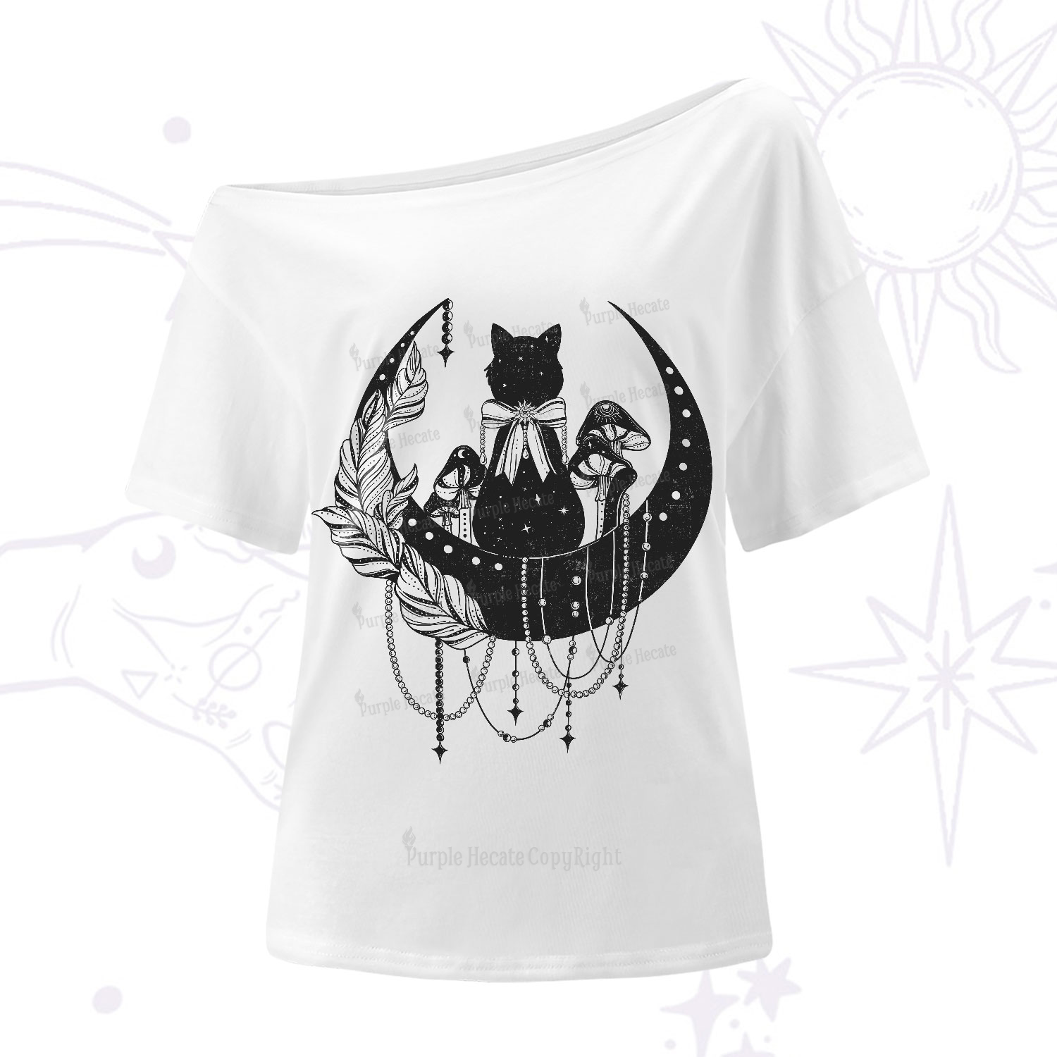 Purplehecate Moonlit Celestial Cat One-Shoulder T-Shirt