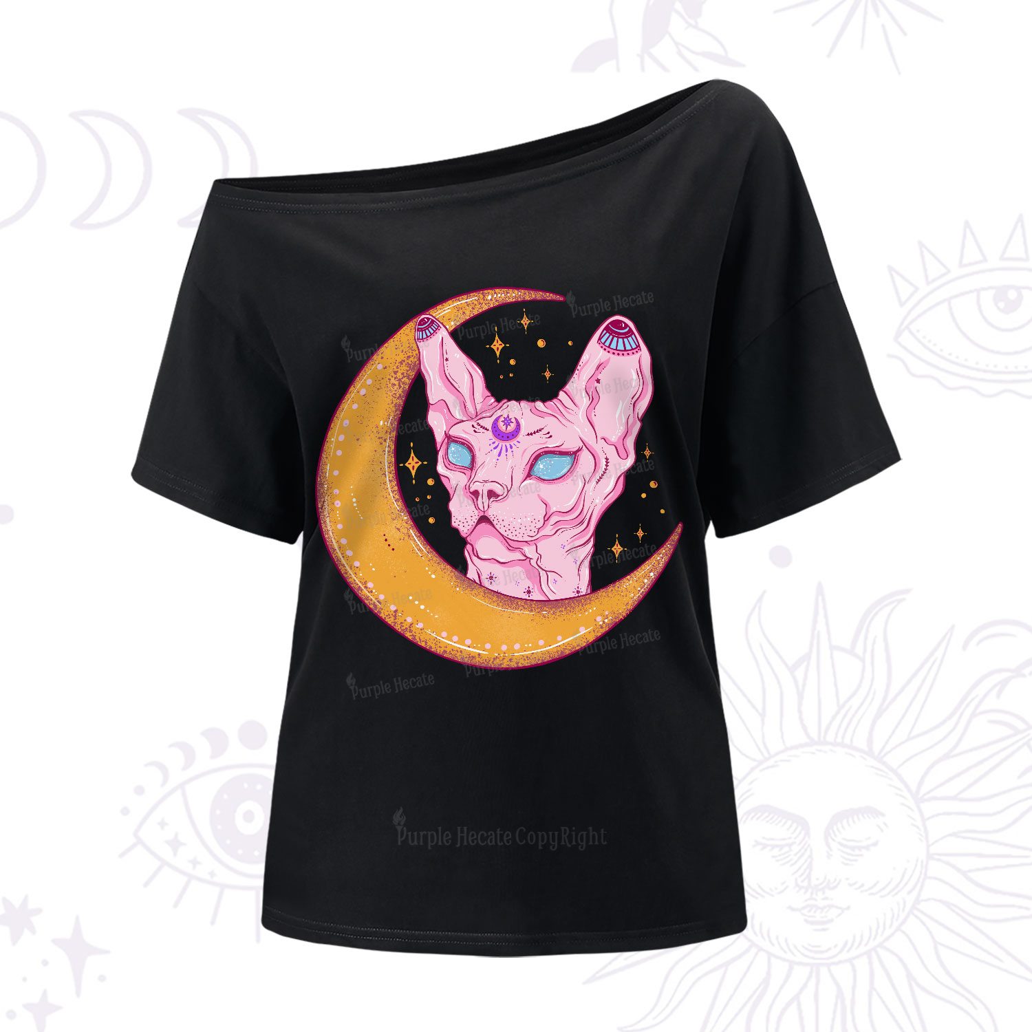 Purplehecate Mystical Witchy Cat One-Shoulder T-Shirt