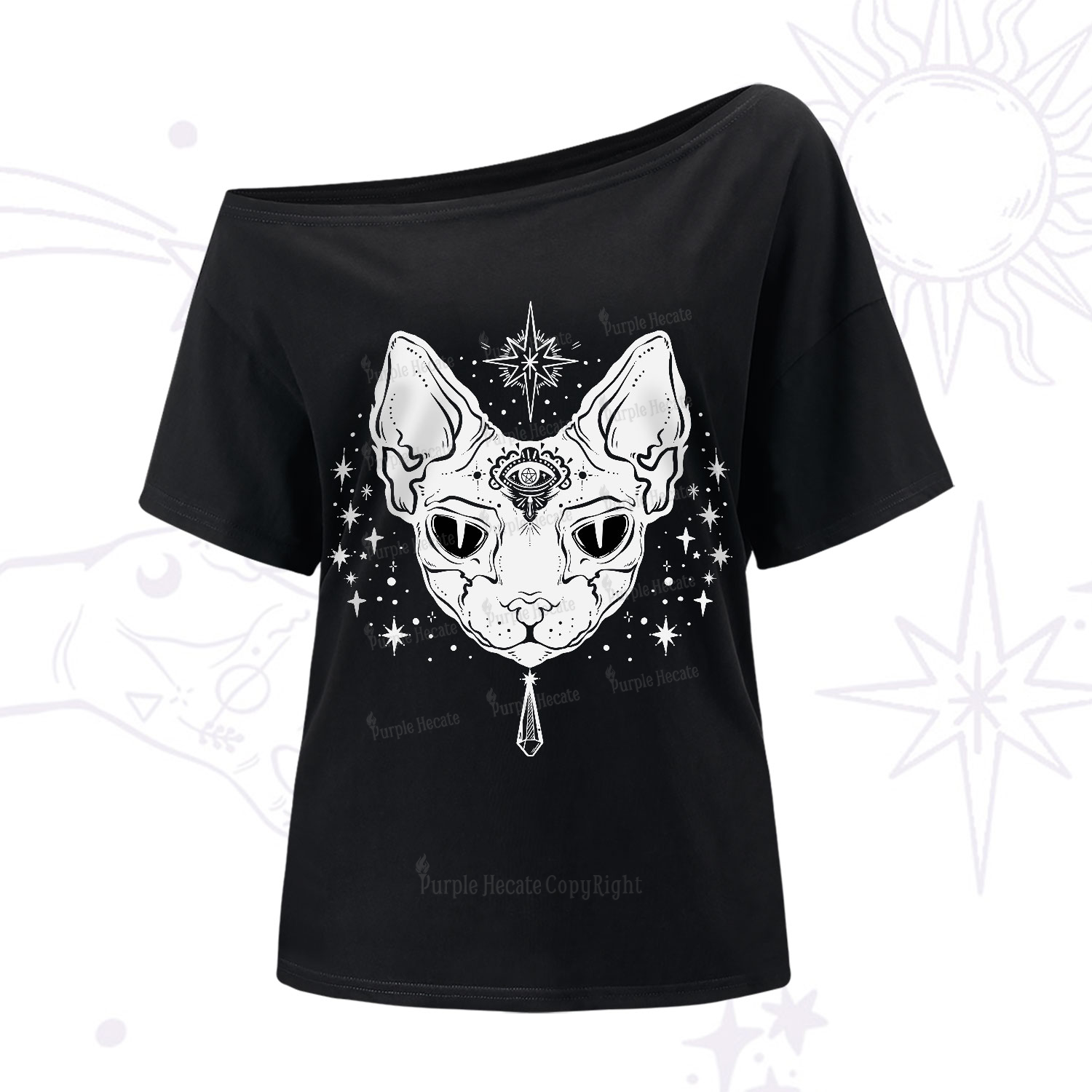 Purplehecate Three Eyed Sphynx Cat One-Shoulder T-Shirt