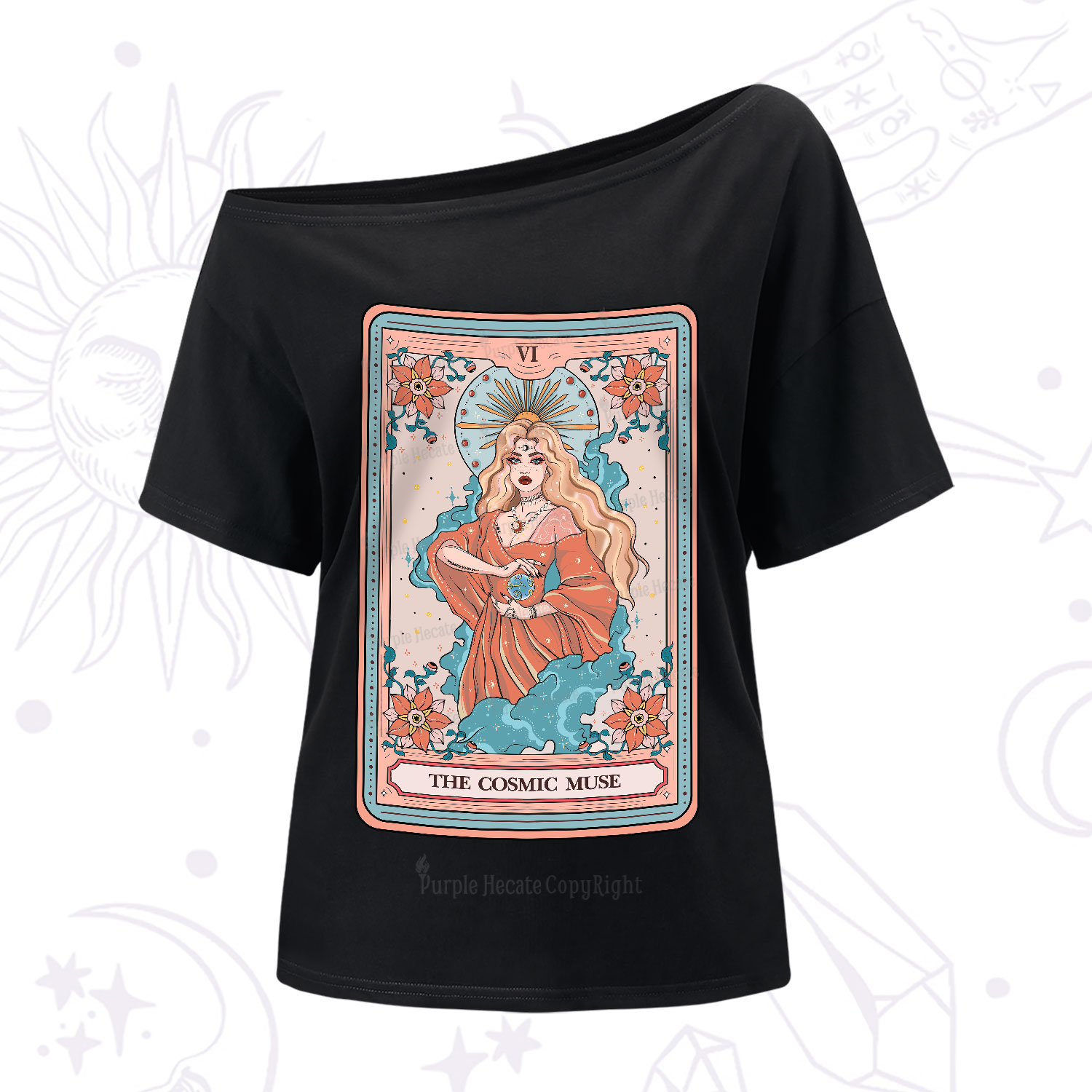 Purplehecate The Cosmic Muse Tarot Card One-Shoulder T-Shirt