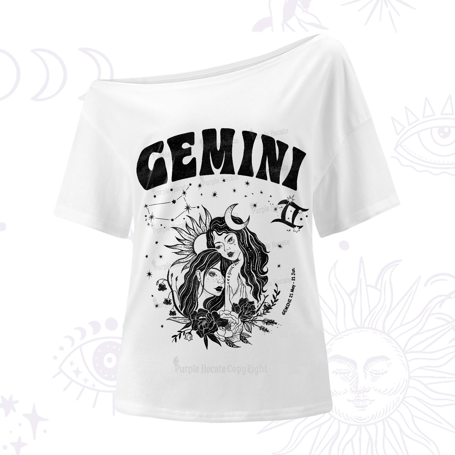 Purplehecate Gemini Zodiac Glyphs One-Shoulder T-Shirt