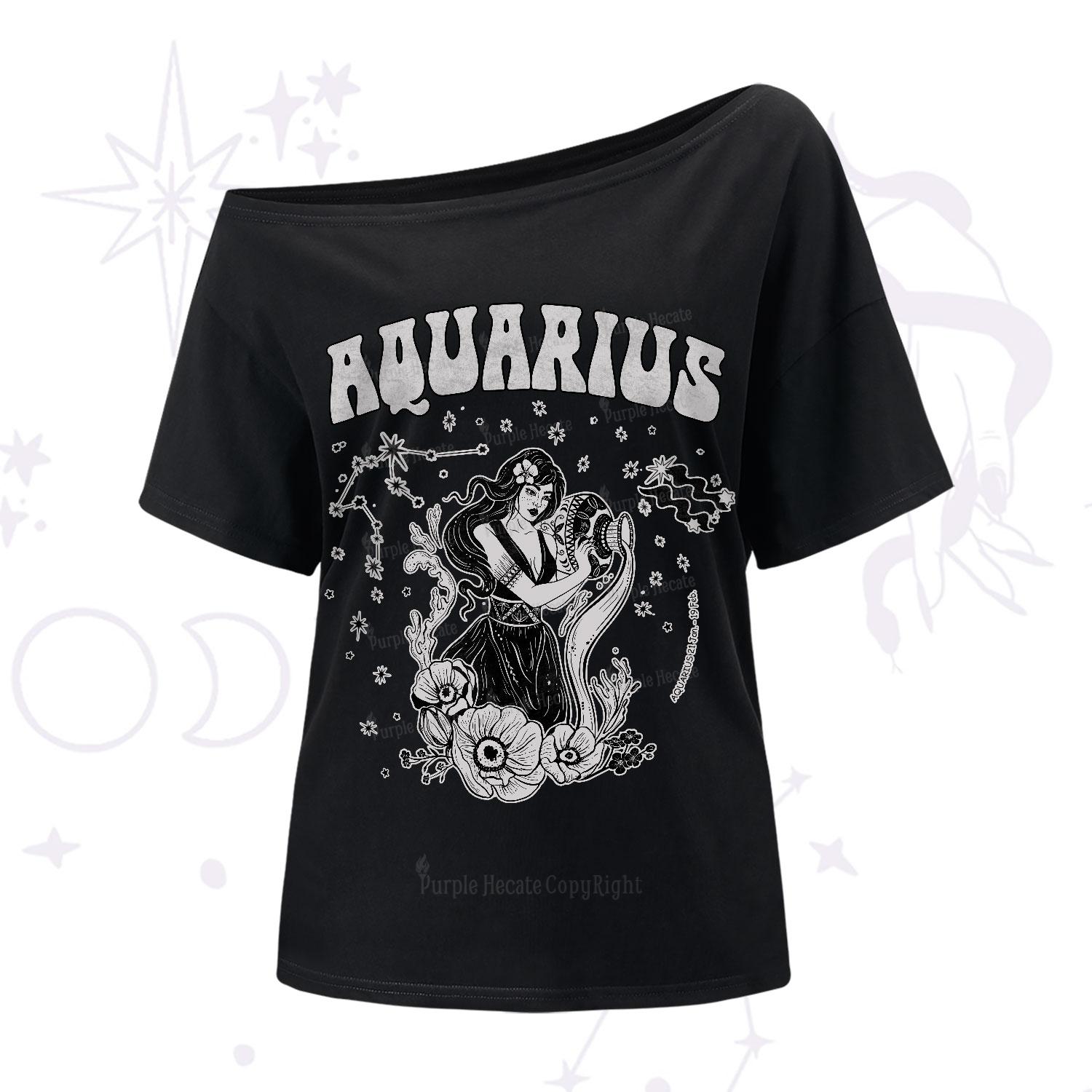 Purplehecate Aquarius Zodiac Glyphs One-Shoulder T-Shirt