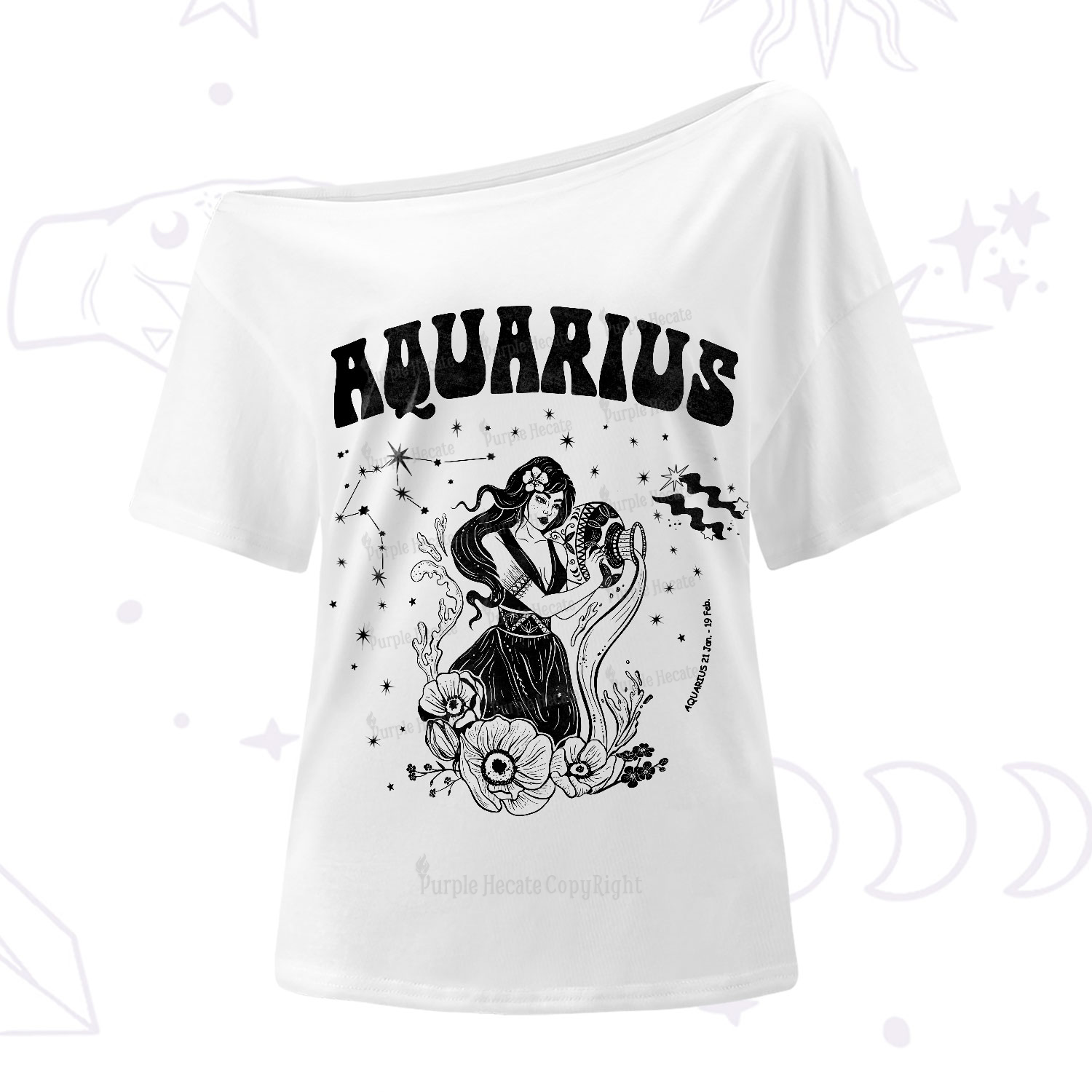 Purplehecate Aquarius Zodiac Glyphs One-Shoulder T-Shirt