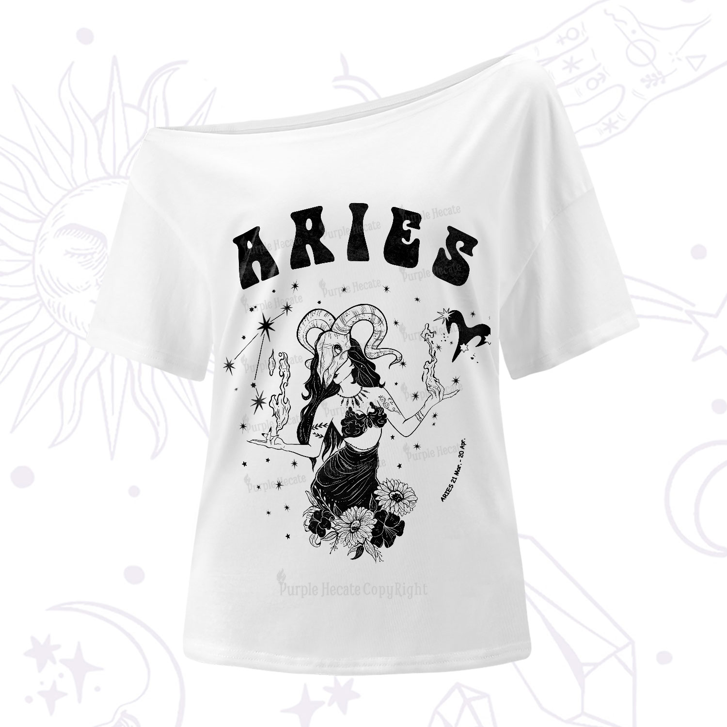Purplehecate Aries Zodiac Glyphs One-Shoulder T-Shirt