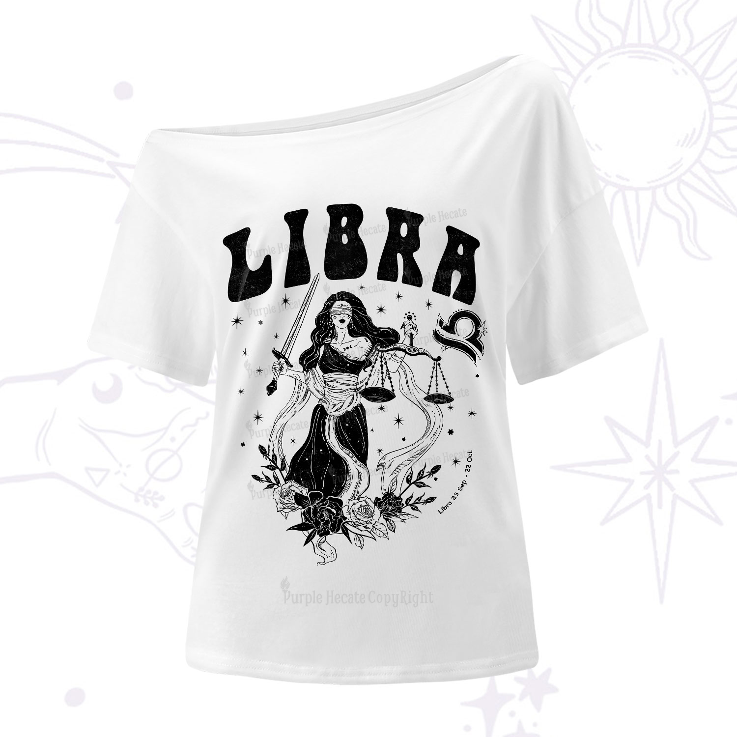 Purplehecate Libra Zodiac Glyphs One-Shoulder T-Shirt