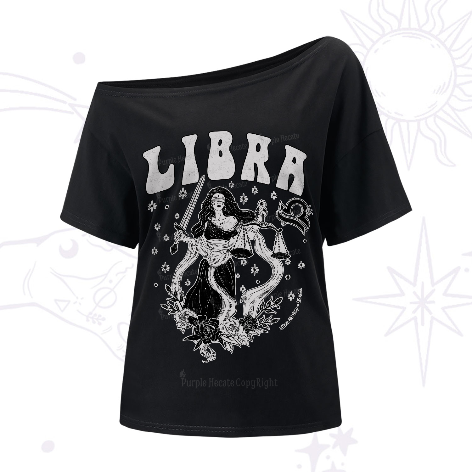 Purplehecate Libra Zodiac Glyphs One-Shoulder T-Shirt
