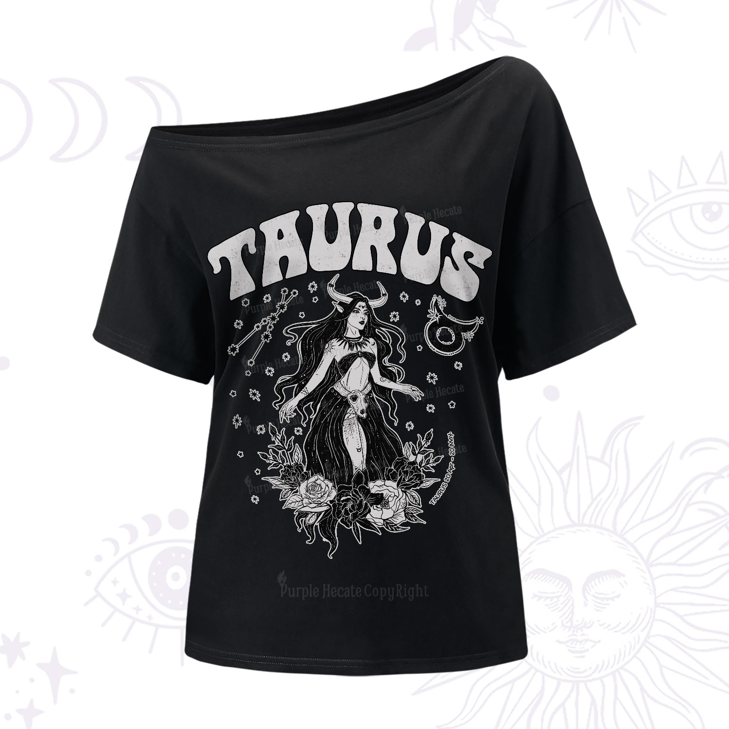 Purplehecate Taurus Zodiac Glyphs One-Shoulder T-Shirt
