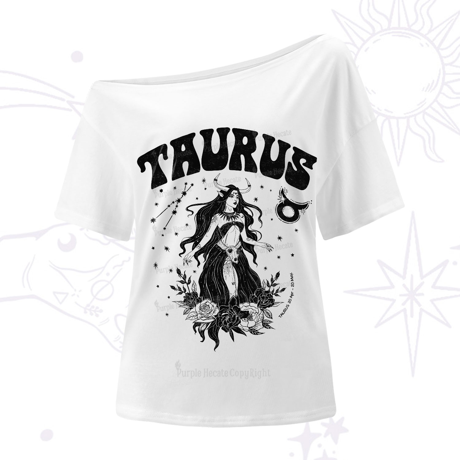 Purplehecate Taurus Zodiac Glyphs One-Shoulder T-Shirt