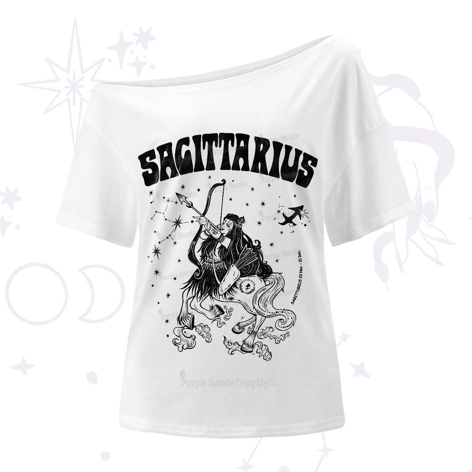 Purplehecate Sagittarius Zodiac Glyphs One-Shoulder T-Shirt