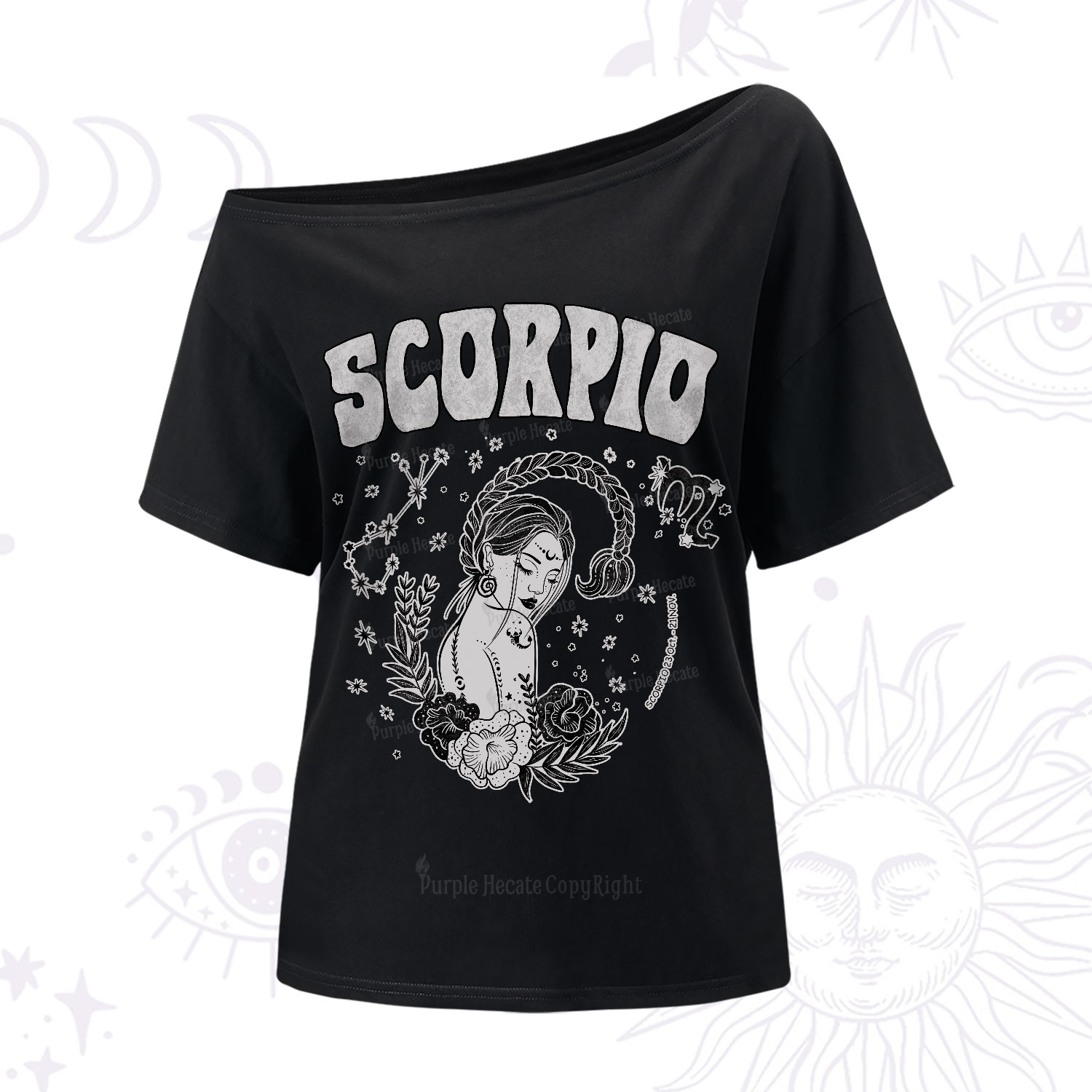 Purplehecate Scorpio Zodiac Glyphs One-Shoulder T-Shirt