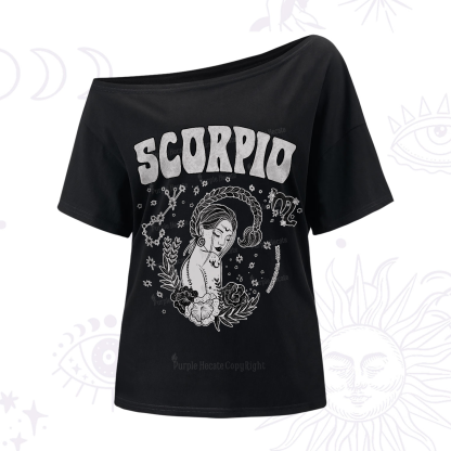 Purplehecate Scorpio Zodiac Glyphs One-Shoulder T-Shirt