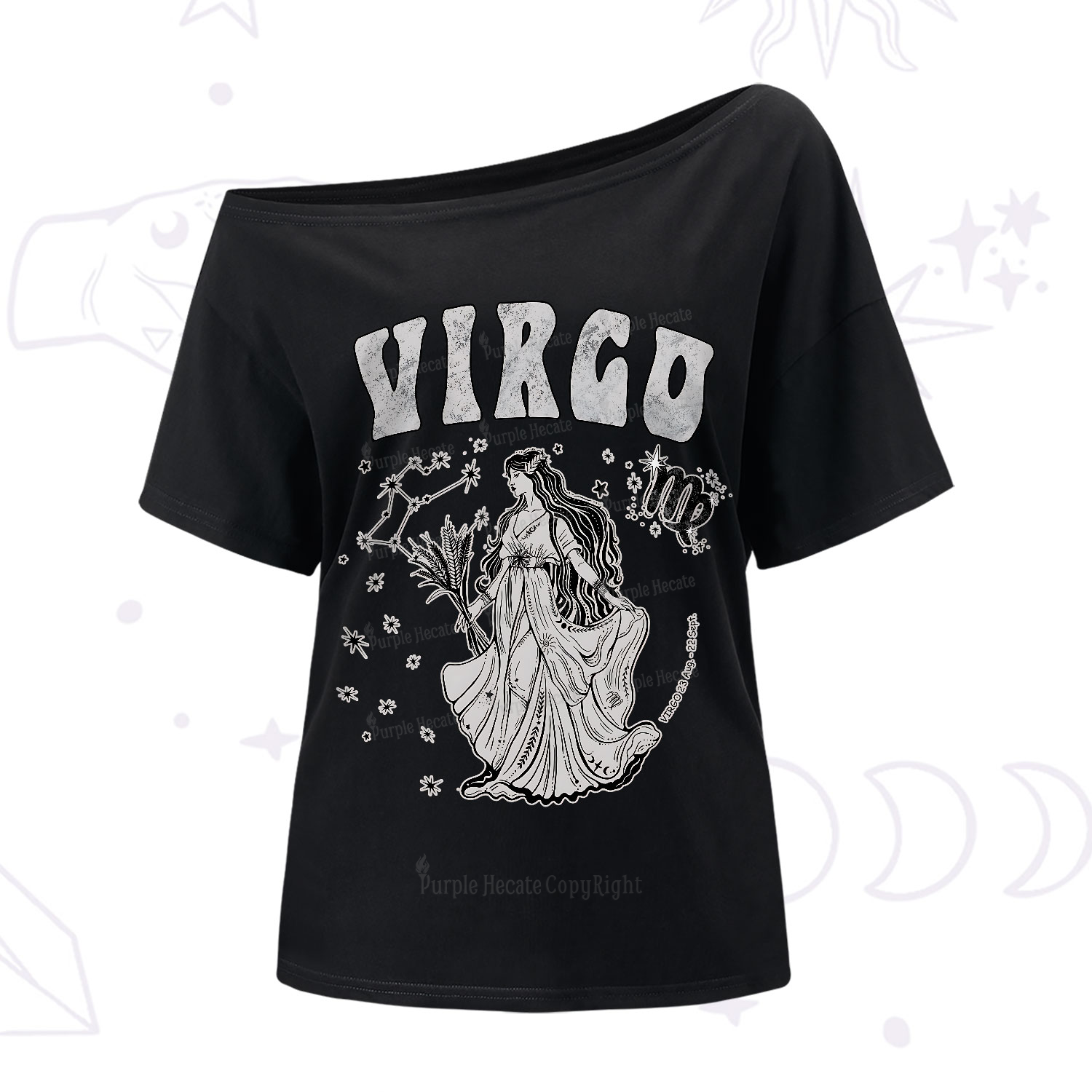 Purplehecate Virgo Zodiac Glyphs One-Shoulder T-Shirt