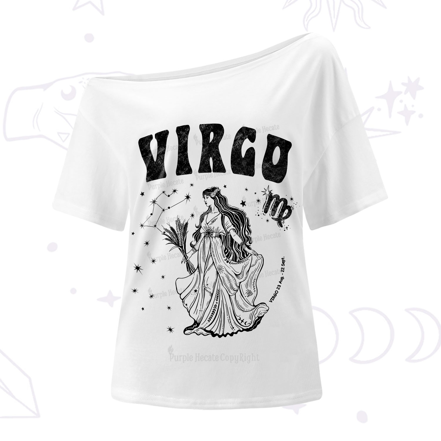 Purplehecate Virgo Zodiac Glyphs One-Shoulder T-Shirt