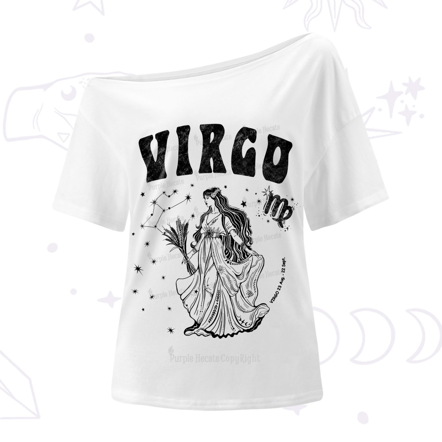 Purplehecate Virgo Zodiac Glyphs One-Shoulder T-Shirt