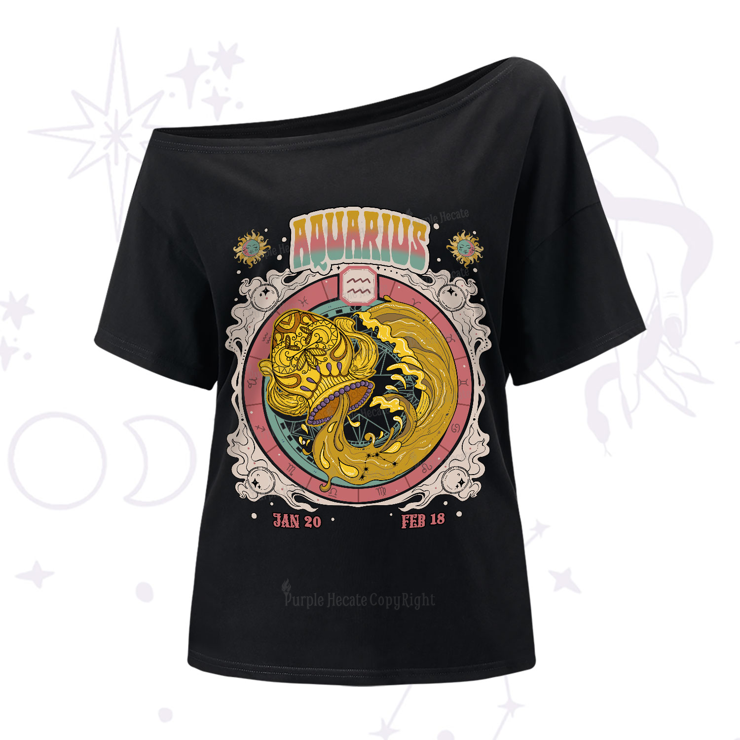Purplehecate Aquarius Cosmic Zodiac One-Shoulder T-Shirt