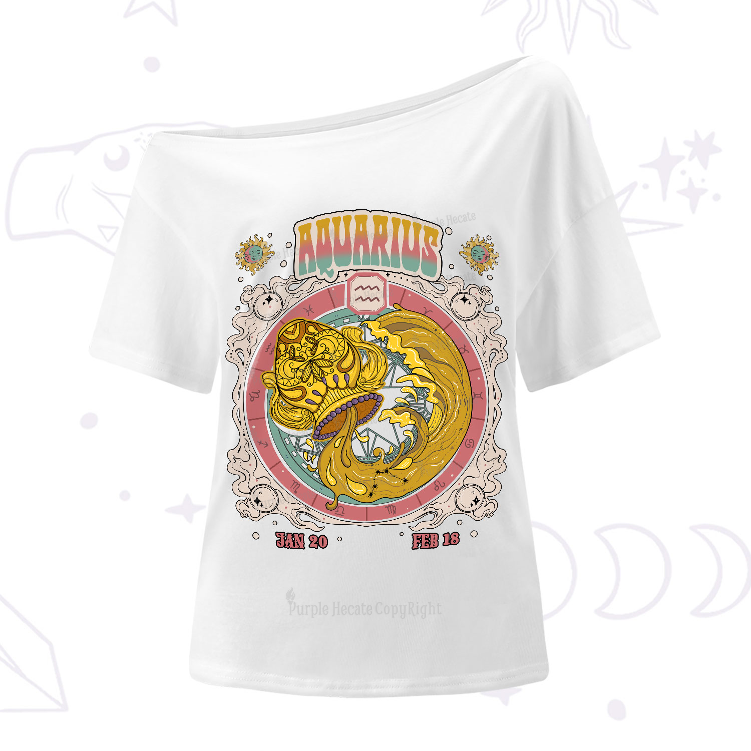 Purplehecate Aquarius Cosmic Zodiac One-Shoulder T-Shirt