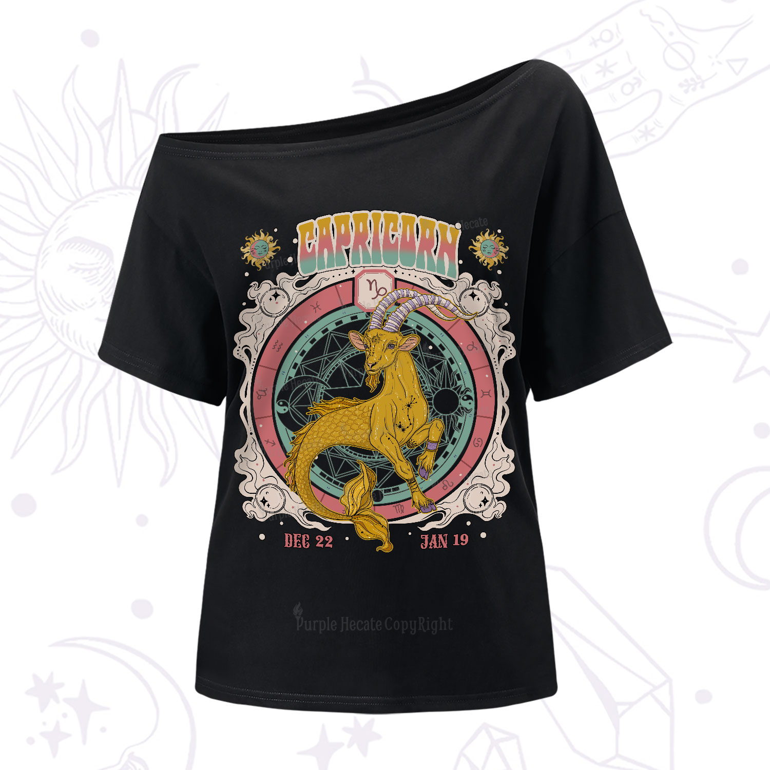 Purplehecate Capricorn Cosmic Zodiac One-Shoulder T-Shirt