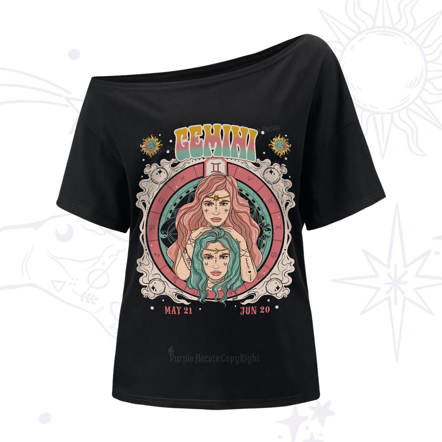 Purplehecate Gemini Cosmic Zodiac One-Shoulder T-Shirt