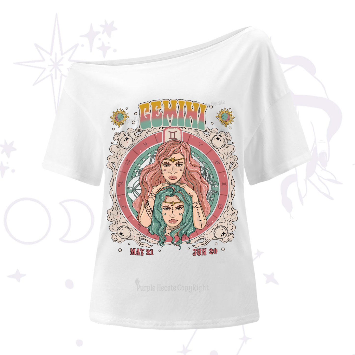 Purplehecate Gemini Cosmic Zodiac One-Shoulder T-Shirt