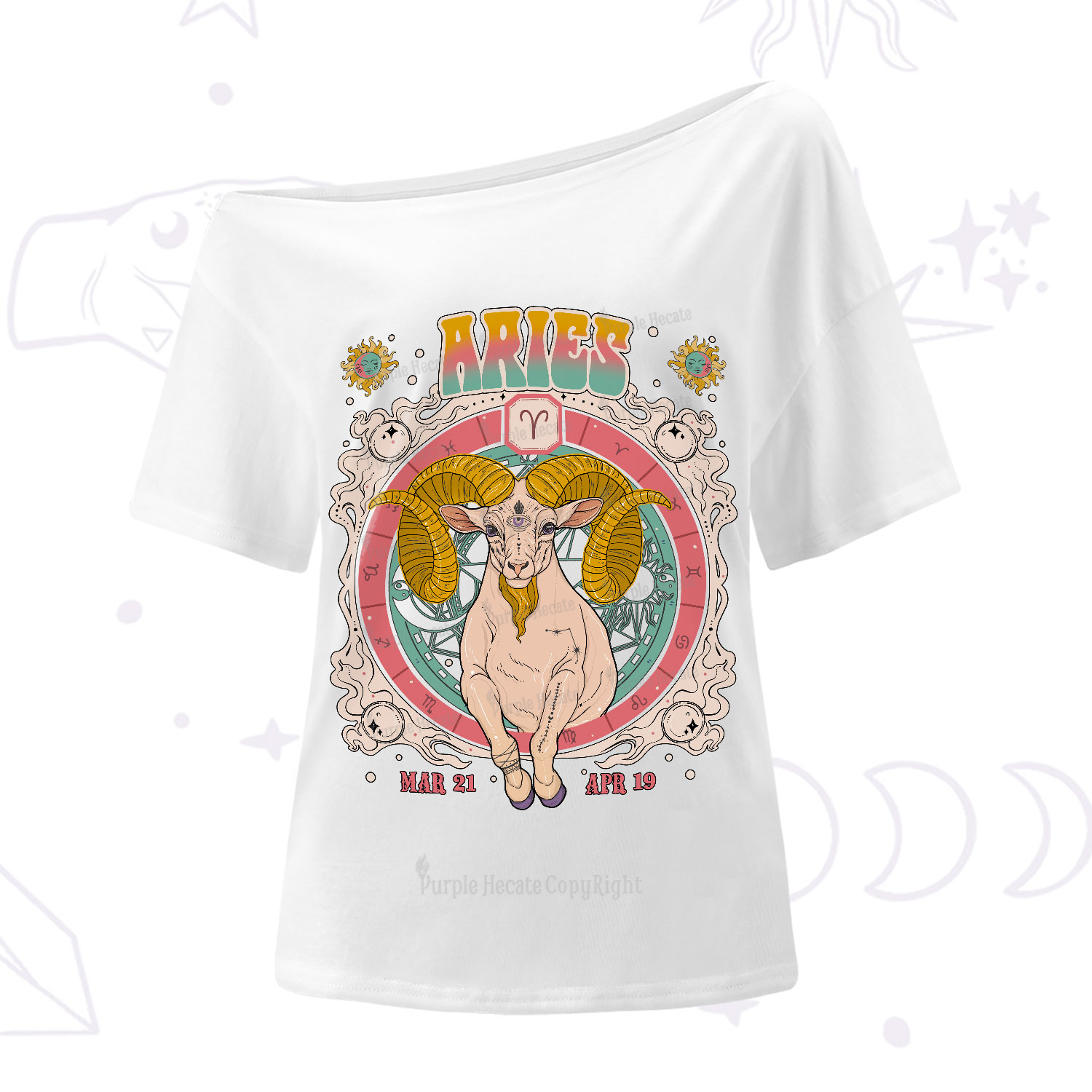 Purplehecate Aries Cosmic Zodiac One-Shoulder T-Shirt