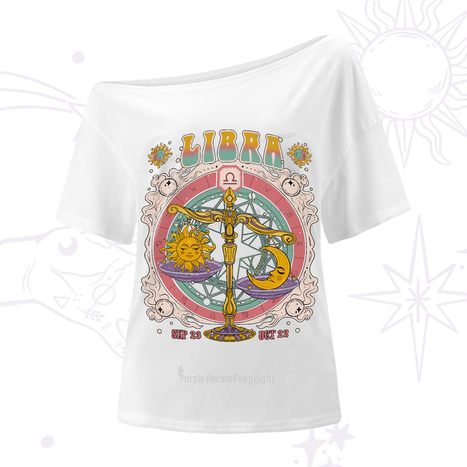 Purplehecate Libra Cosmic Zodiac One-Shoulder T-Shirt