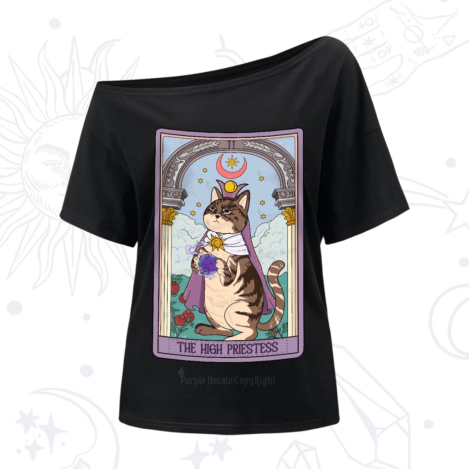 Purplehecate The High Priestess Cat Tarot One-Shoulder T-Shirt