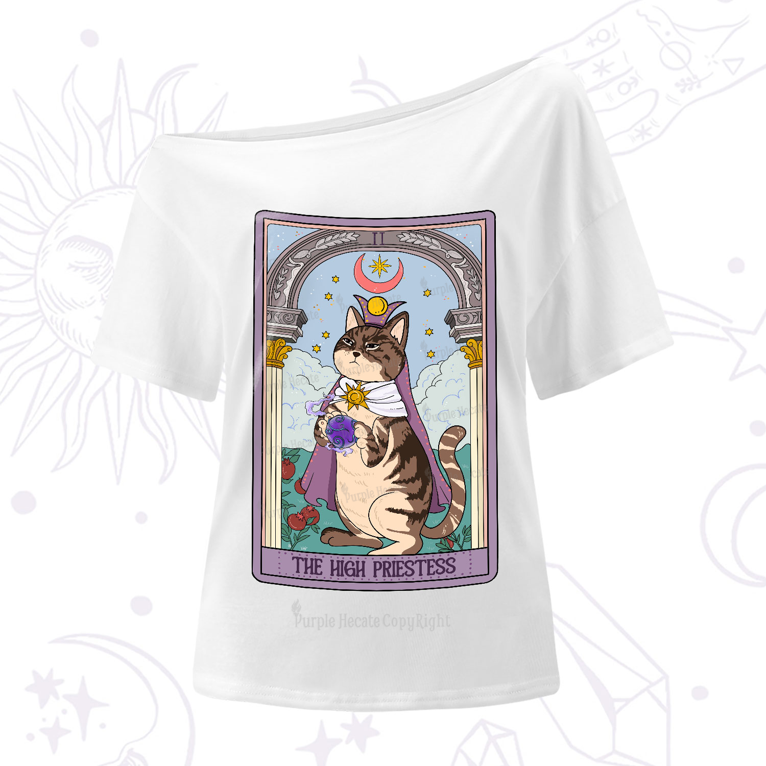 Purplehecate The High Priestess Cat Tarot One-Shoulder T-Shirt
