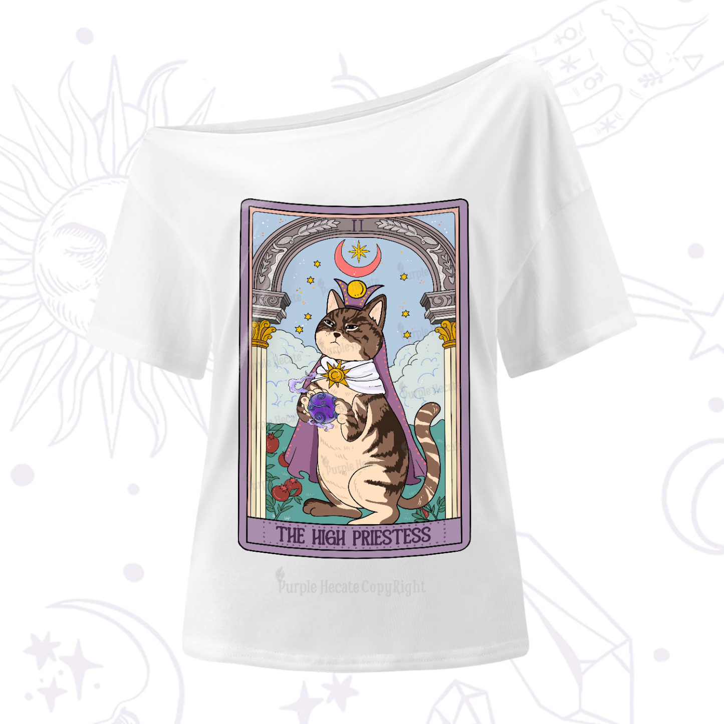Purplehecate The High Priestess Cat Tarot One-Shoulder T-Shirt