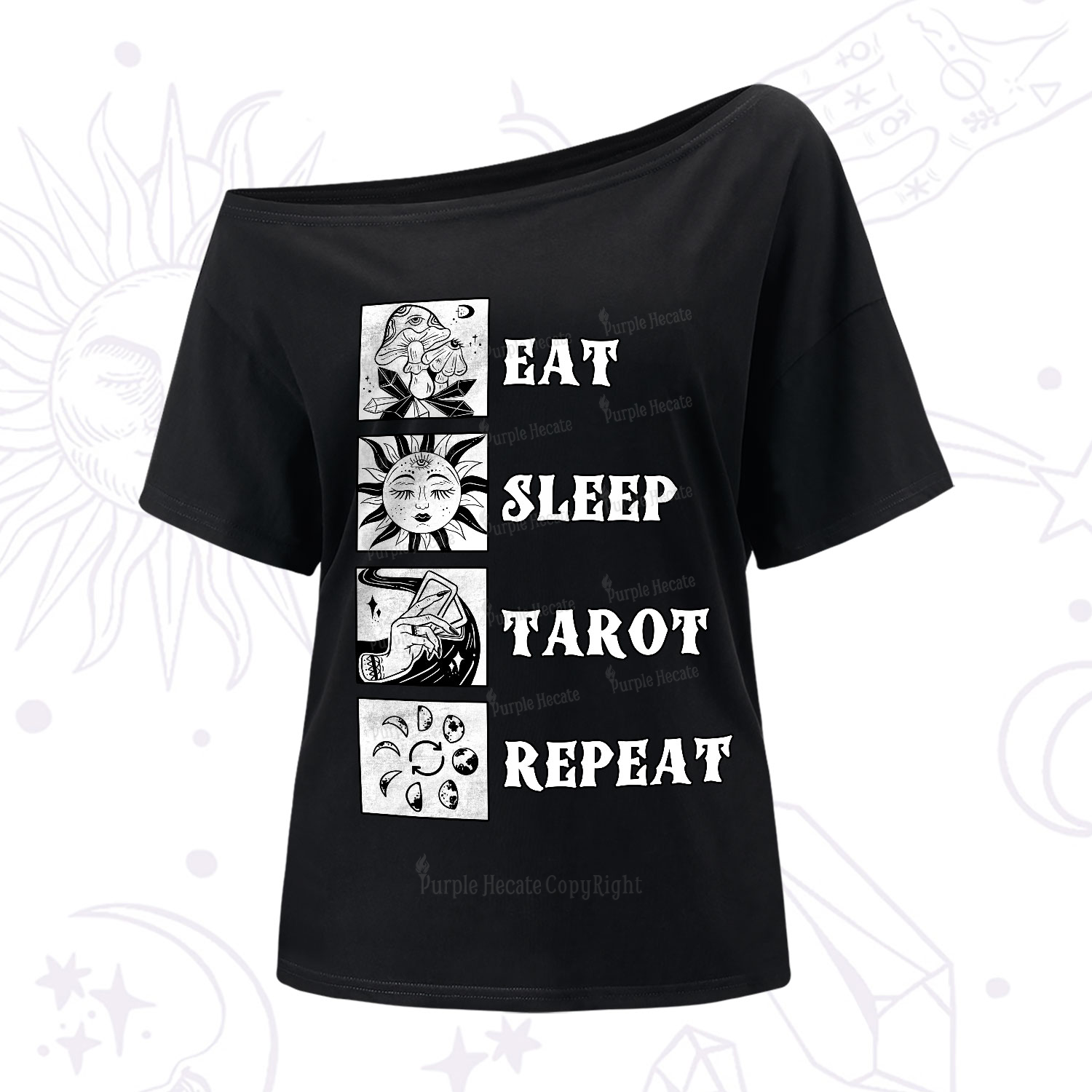 Purplehecate Eat Sleep Tarot Repeat One-Shoulder T-Shirt