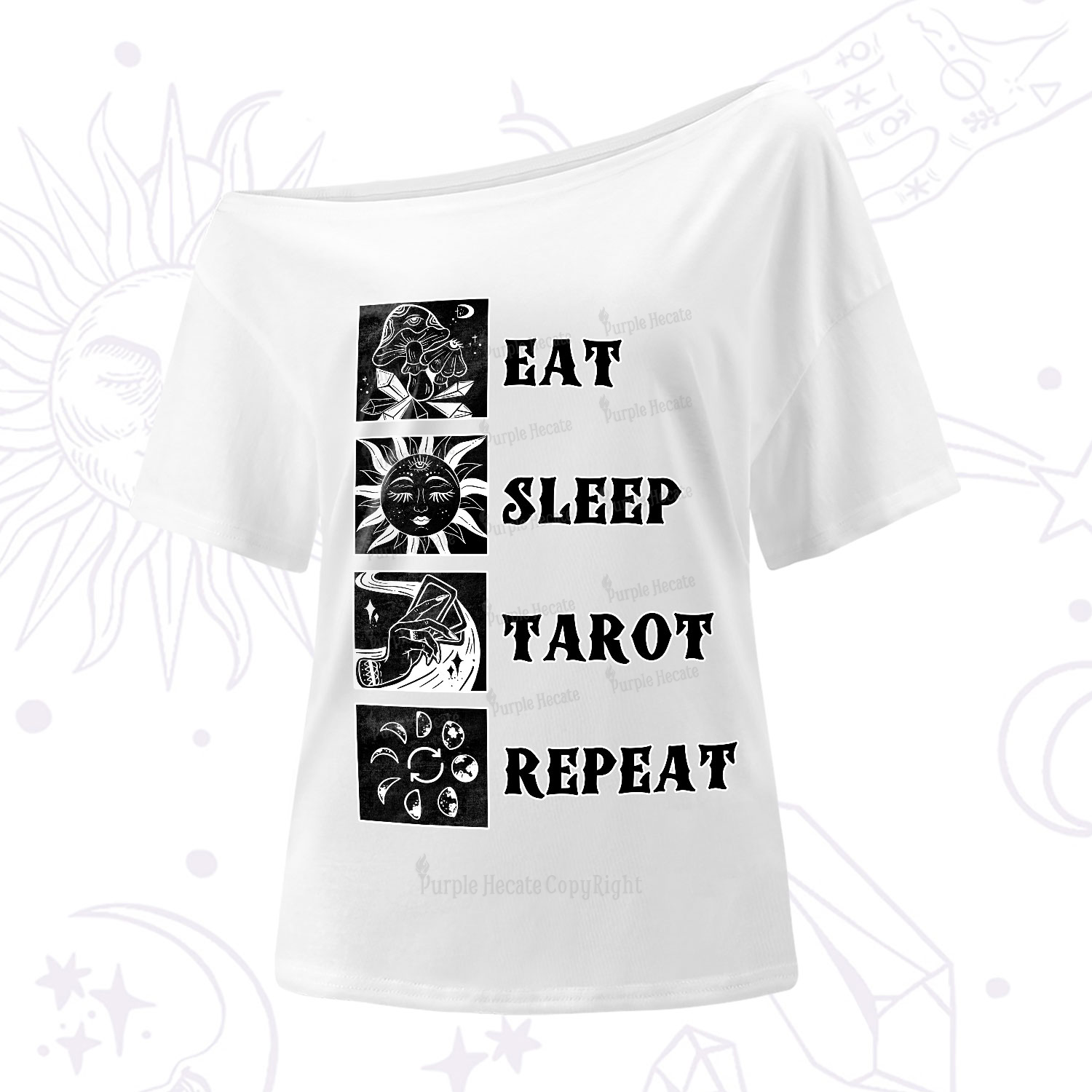 Purplehecate Eat Sleep Tarot Repeat One-Shoulder T-Shirt