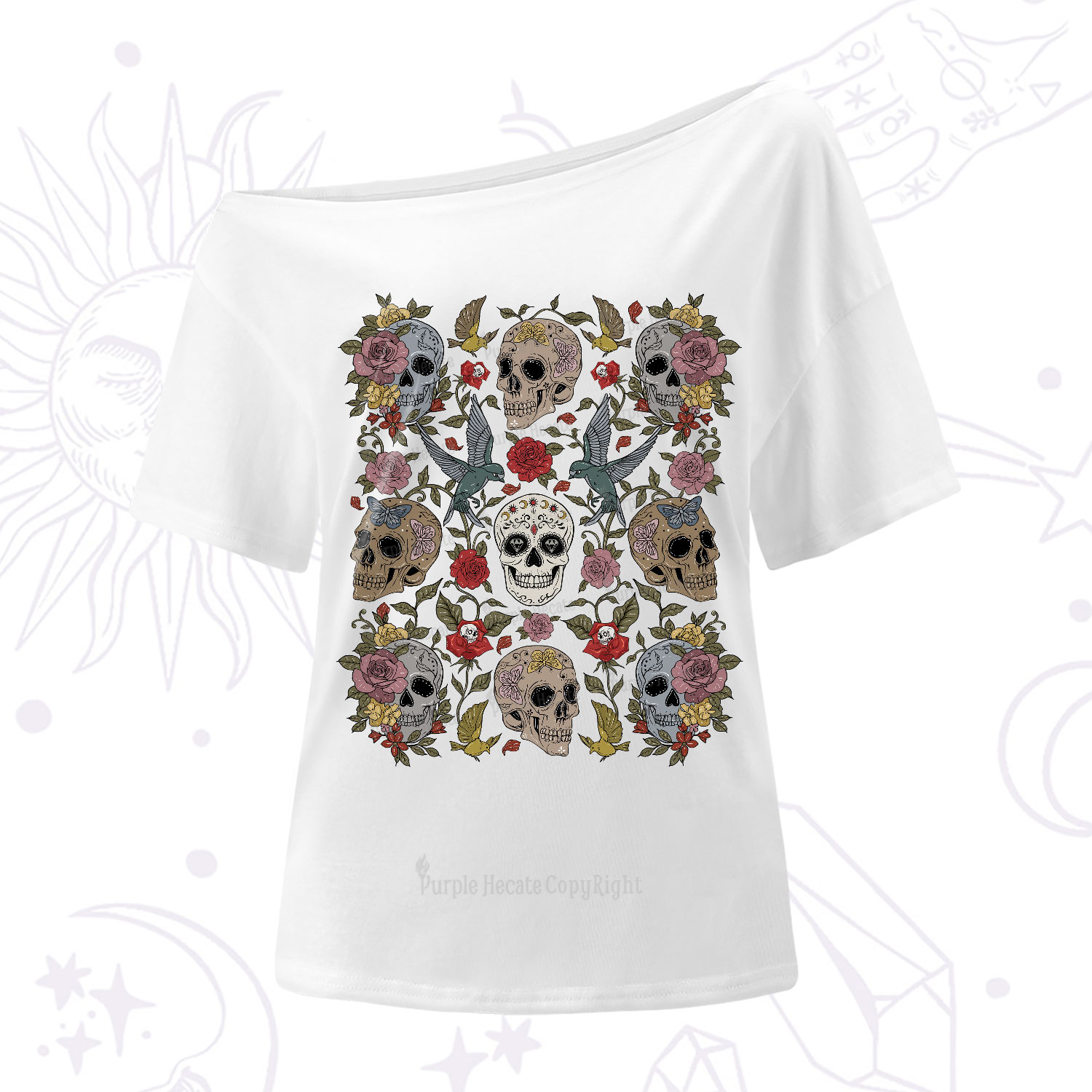 Purplehecate Skull Floral One-Shoulder T-Shirt