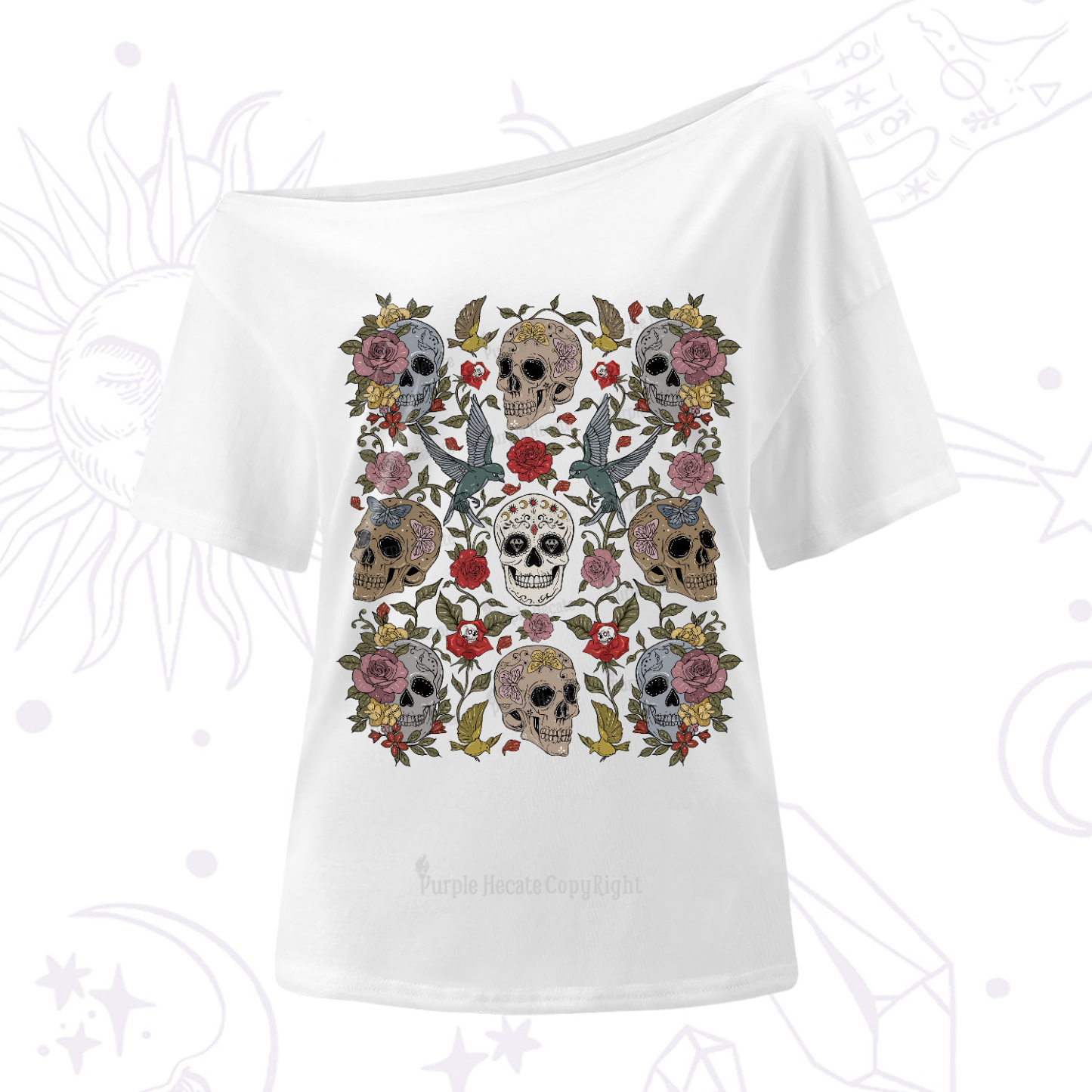 Purplehecate Skull Floral One-Shoulder T-Shirt