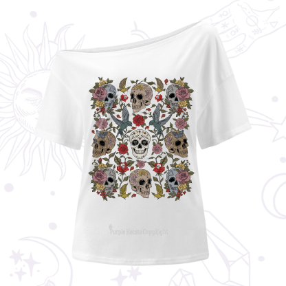 Purplehecate Skull Floral One-Shoulder T-Shirt