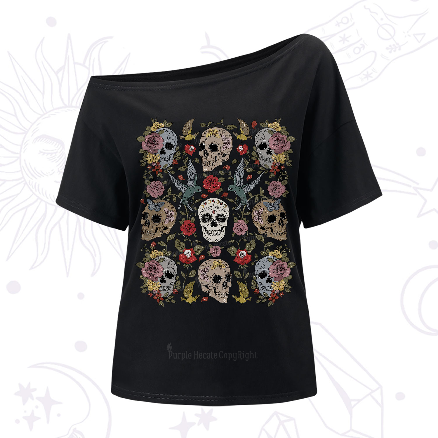 Purplehecate Skull Floral One-Shoulder T-Shirt
