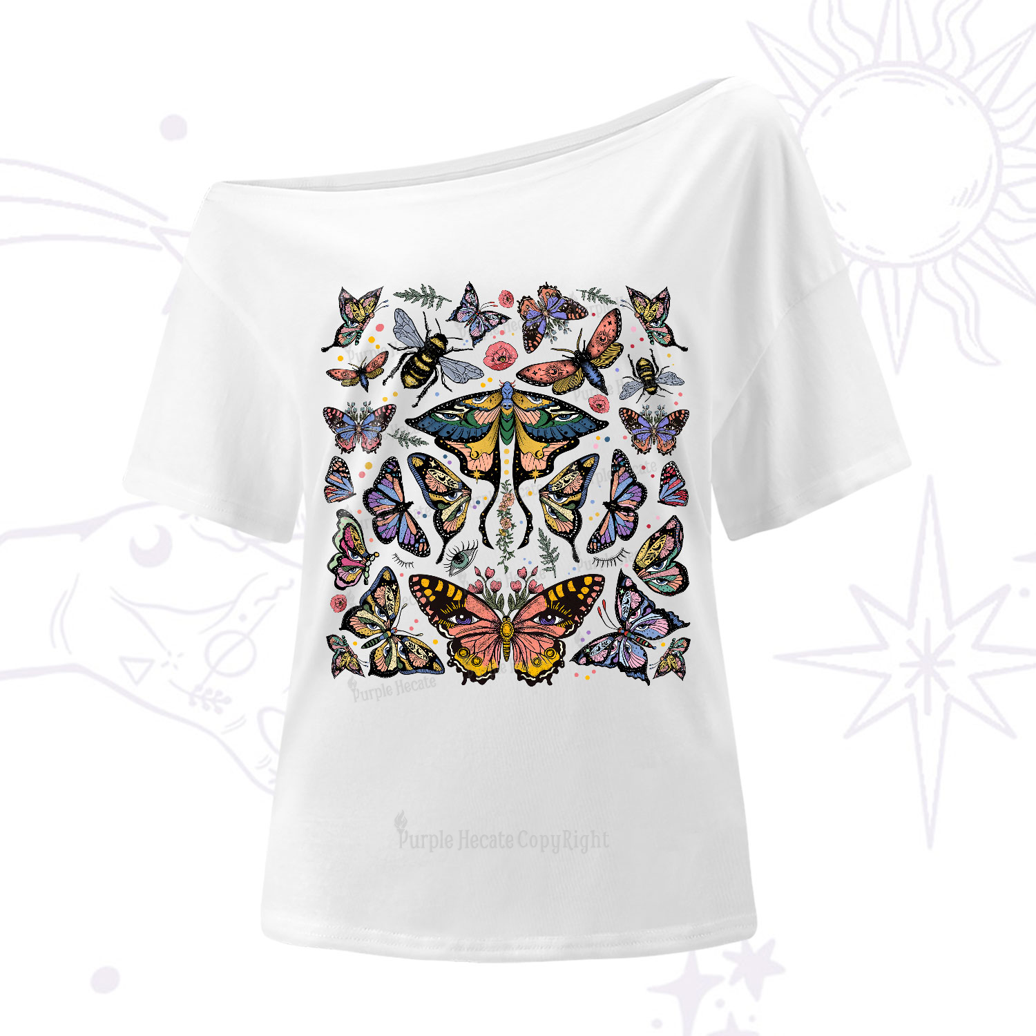 Purplehecate Mystical Butterfly & Moth One-Shoulder T-Shirt