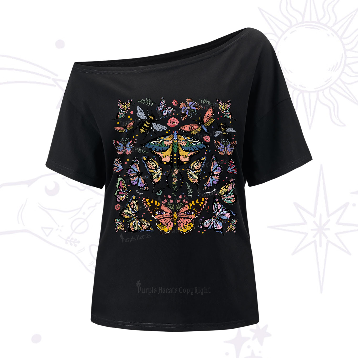 Purplehecate Mystical Butterfly & Moth One-Shoulder T-Shirt