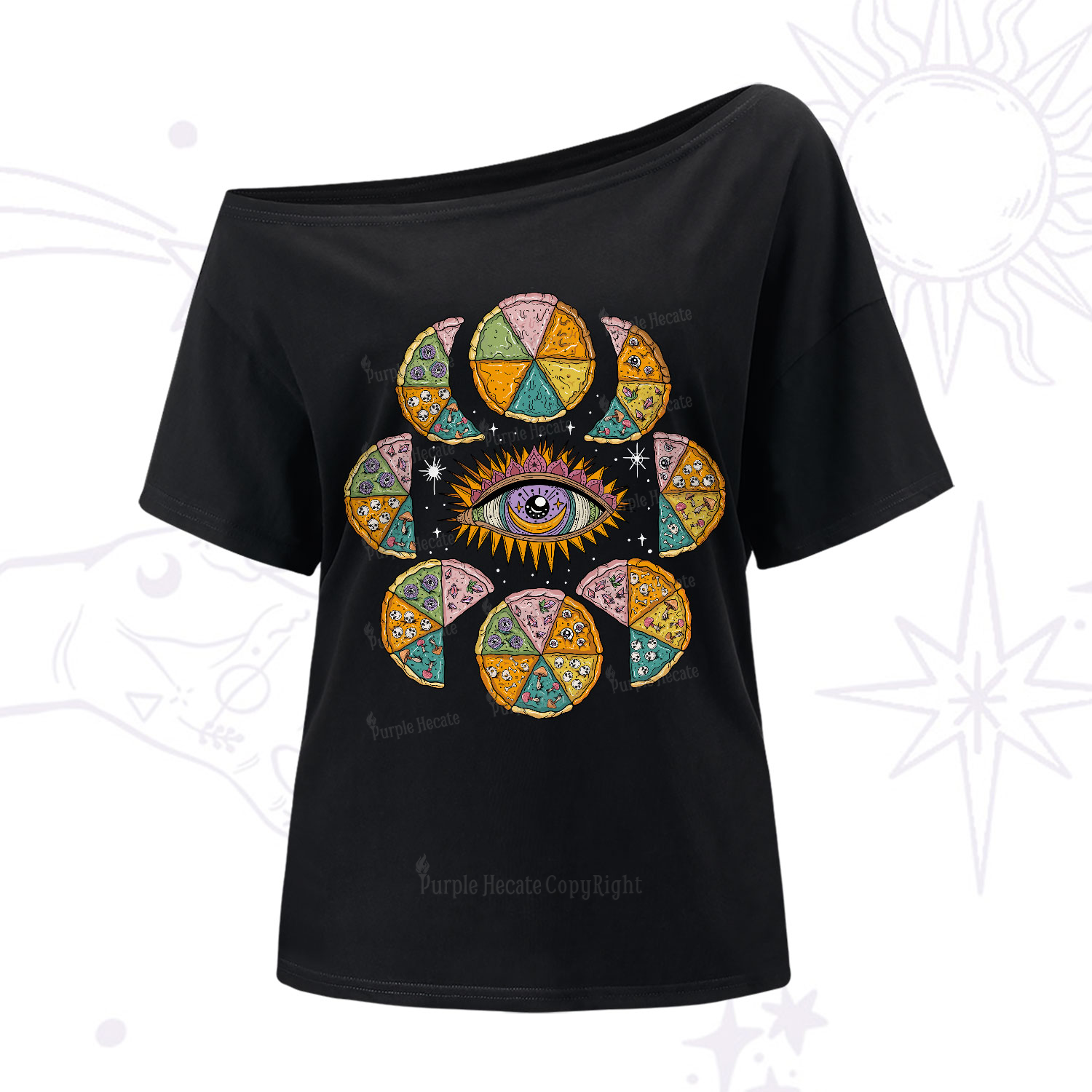 Purplehecate Moon Phase Pizza One-Shoulder T-Shirt