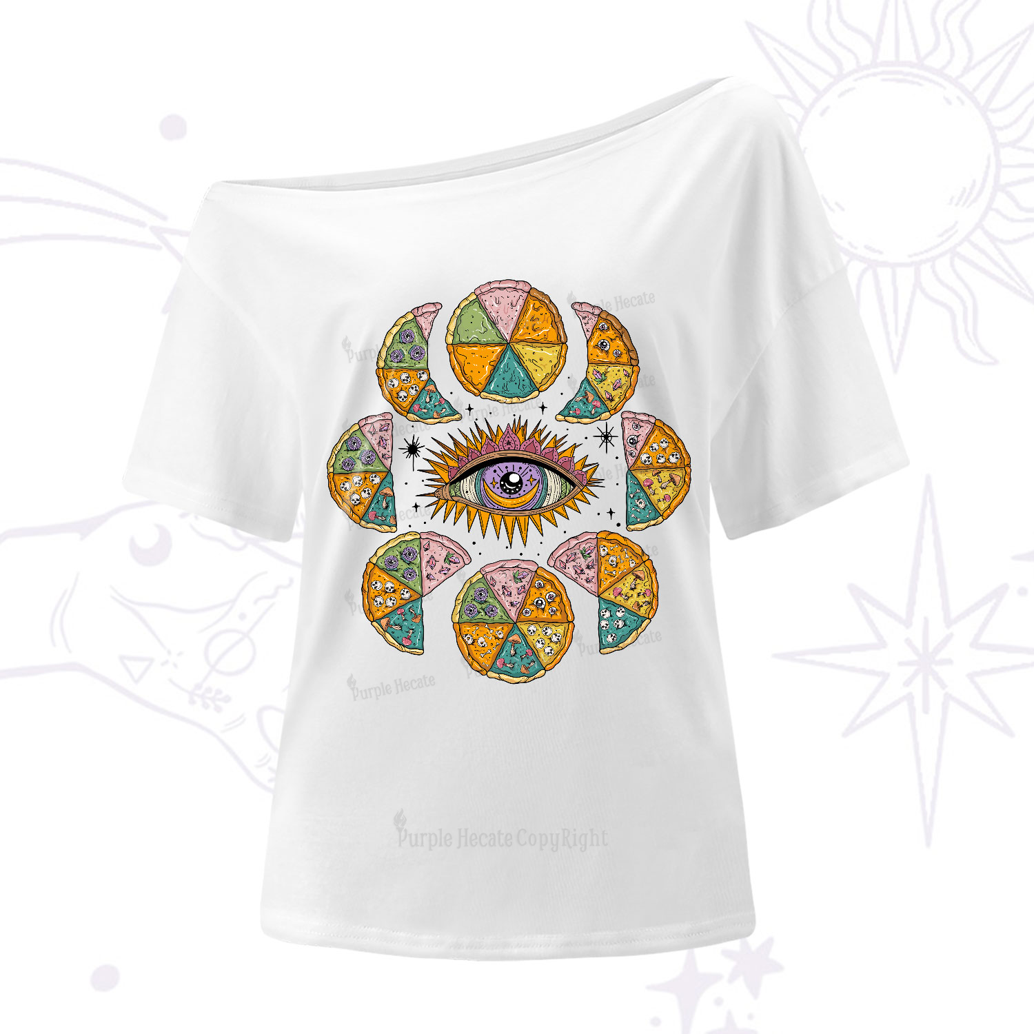 Purplehecate Moon Phase Pizza One-Shoulder T-Shirt